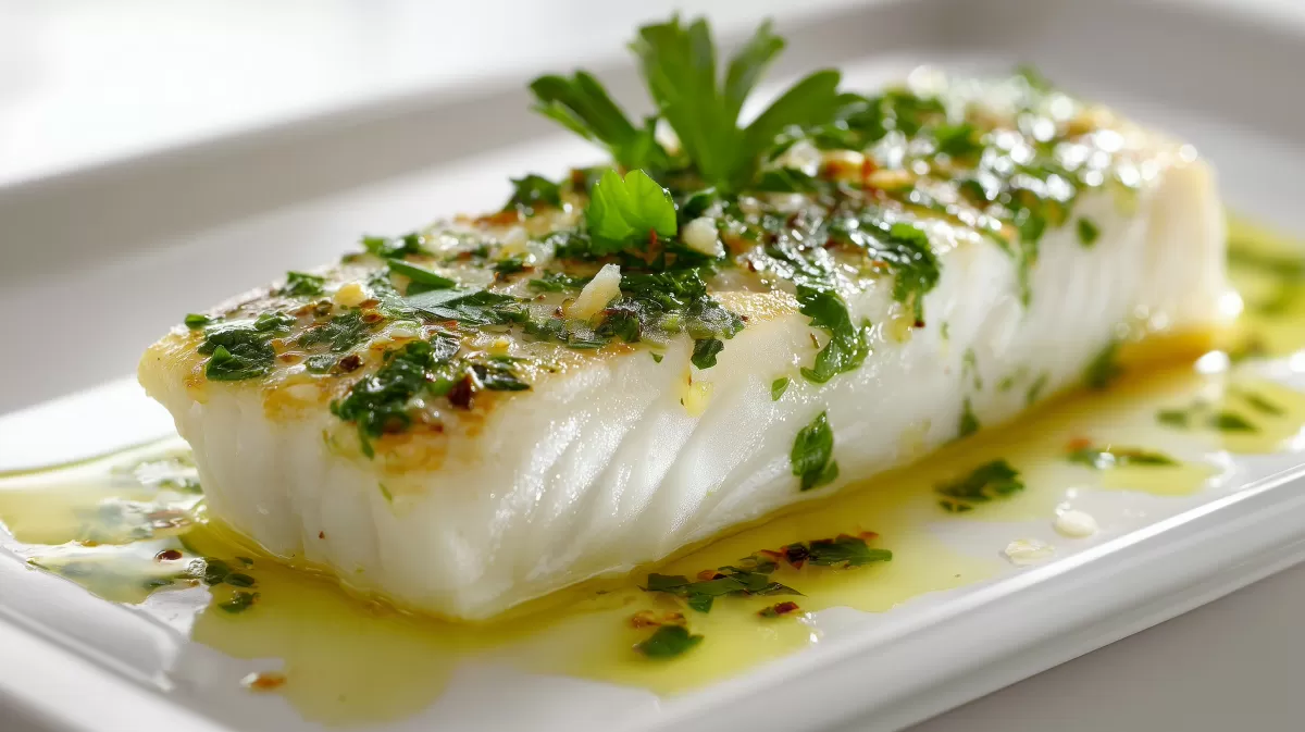 Filet vom Wolfsbarsch aus dem Ofen mit Knoblauch und Pet