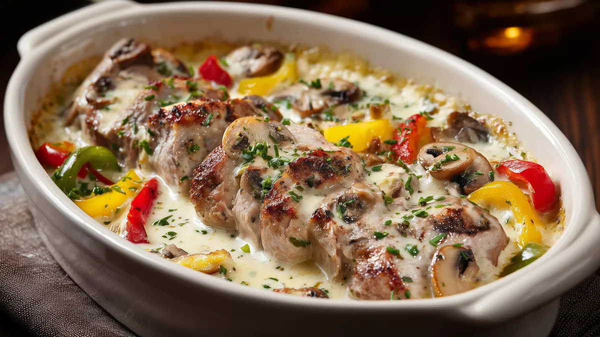 Filettopf mit Pilzen und bunten Paprika in Sahnesoße