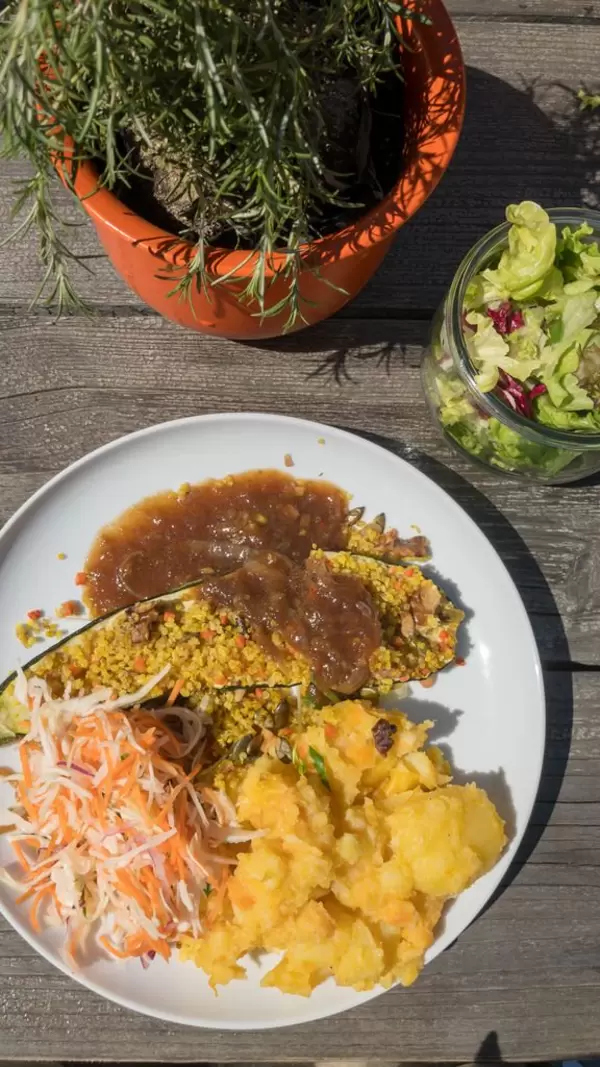 Filled zucchini with quinoa and nuts with fried onions, carrots, white cabbage, mashed potatoes and pumpkin