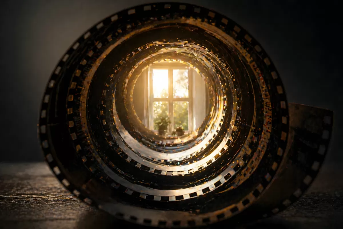 Filmrolle als Spirale mit Lichteinfall durch Fenster