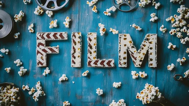 Filmszene mit Popcorn und Filmrollen