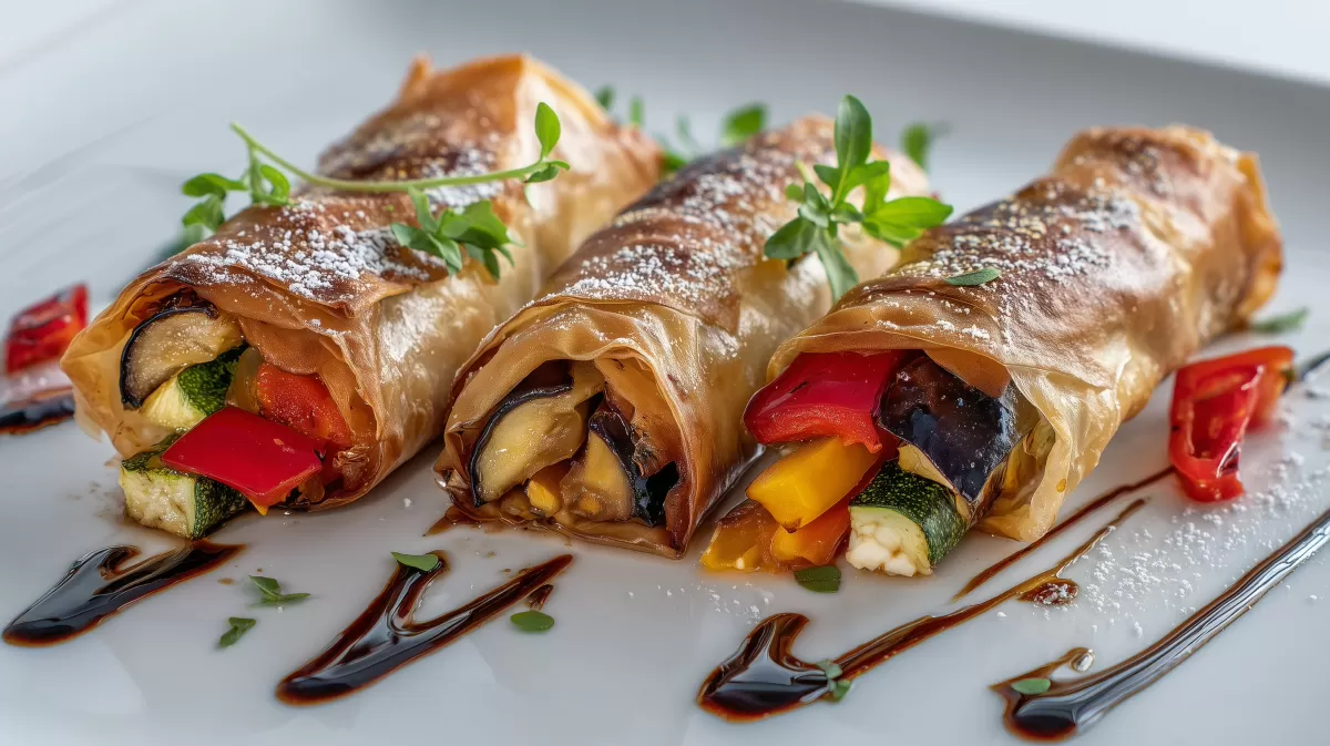 Filo Teigrllchen mit Gemüse Feta und Balsamico
