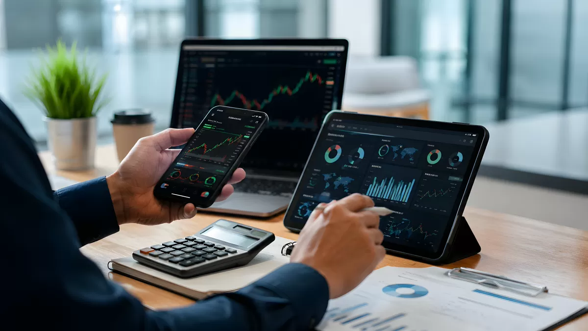 Finanzanalyse mit Smartphone, Tablet und Laptop