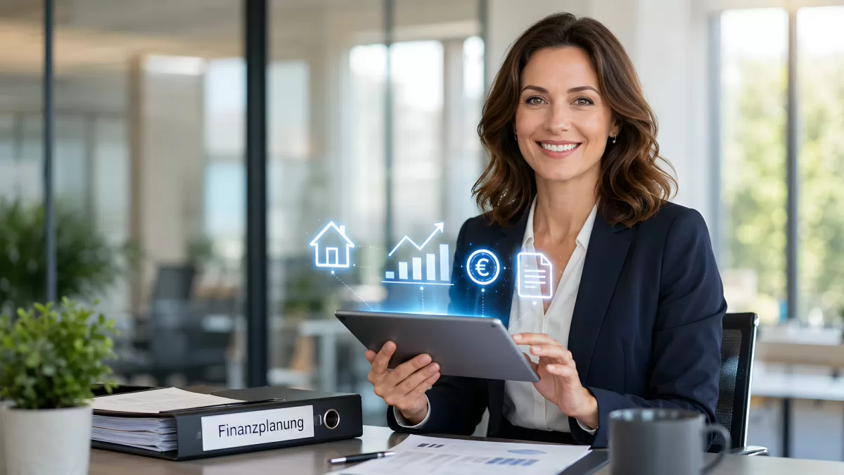 Finanzberaterin mit Tablet und digitalen Symbolen im Büro