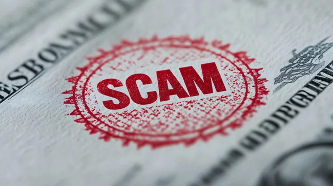 Finanzbetrug-Stempel auf Dokument - Warnzeichen für Anleger