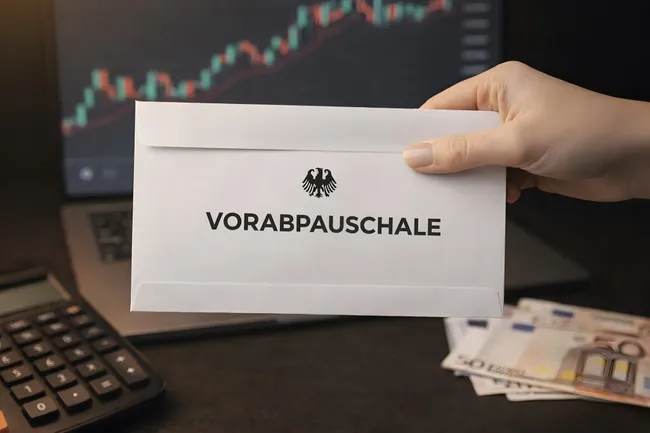 Finanzdiagram und Bargeld-Umschlag für Vorabpauschale