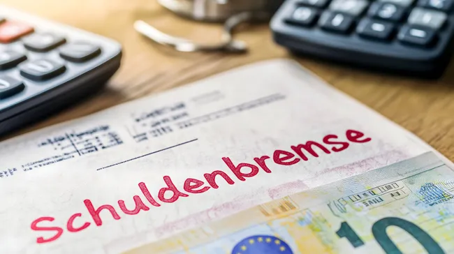 Finanzdokument mit Schuldenbremse-Begriff und Euro-Banknote