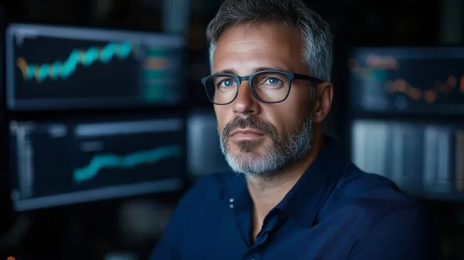 Finanzexperte studiert Finanzdaten auf Monitoren