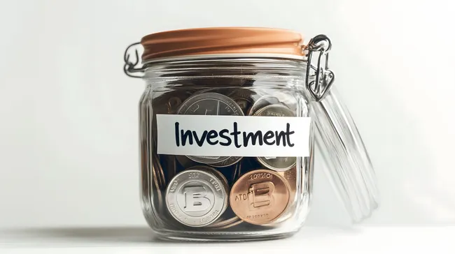 Finanzielle Investitionen in Glasgefäß mit Münzen und Aufschrift