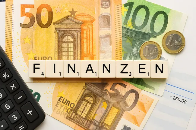 Finanzkonzept mit Eurobanknoten und Scrabble-Würfeln