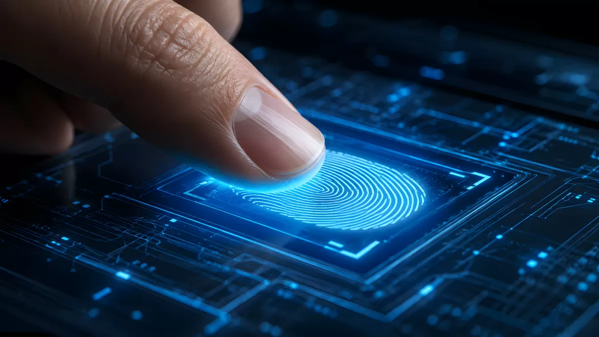 Finger auf leuchtendem Fingerabdruck-Scanner in Blau