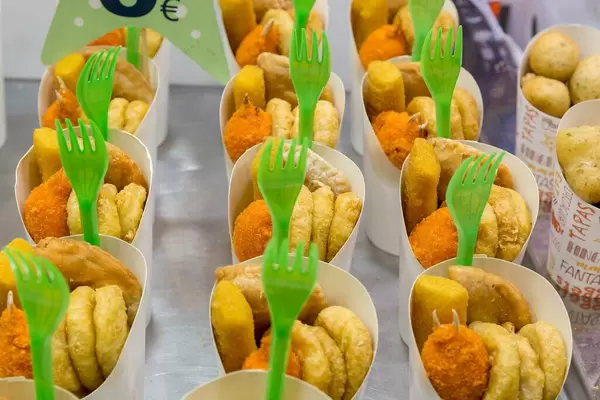 Fingerfood Surtido de Marisco is a Spanish seafood mix at Mercat de la Boqueria market hall in Barcelona