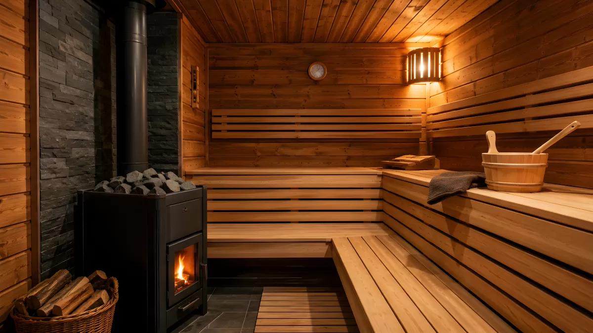 Finnische Holzsauna mit Kaminofen und Holzbänken