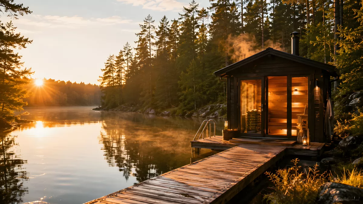 Finnische Sauna am See im goldenen Abendlicht
