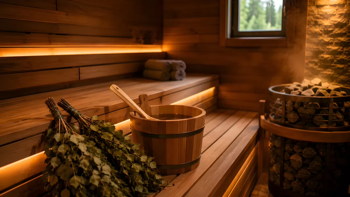 Finnische Sauna mit Holzeimer und Birkenzweigen