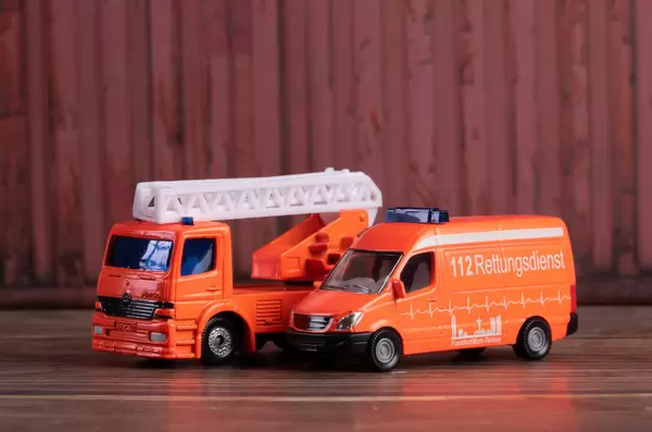 Fire truck crane and firefighter van