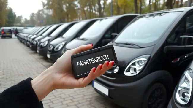 Firmenparkplatz mit Fahrtenbuch-Geräten vor Firmenwagen-Flotte