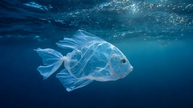 Fisch aus Plastiktüte im tiefen Ozean