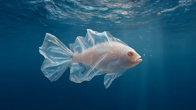 Fisch in Plastiktüte - Symbol für Meeresverschmutzung