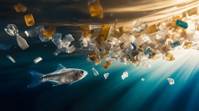 Fisch schwimmt inmitten von Plastikabfall im Ozean