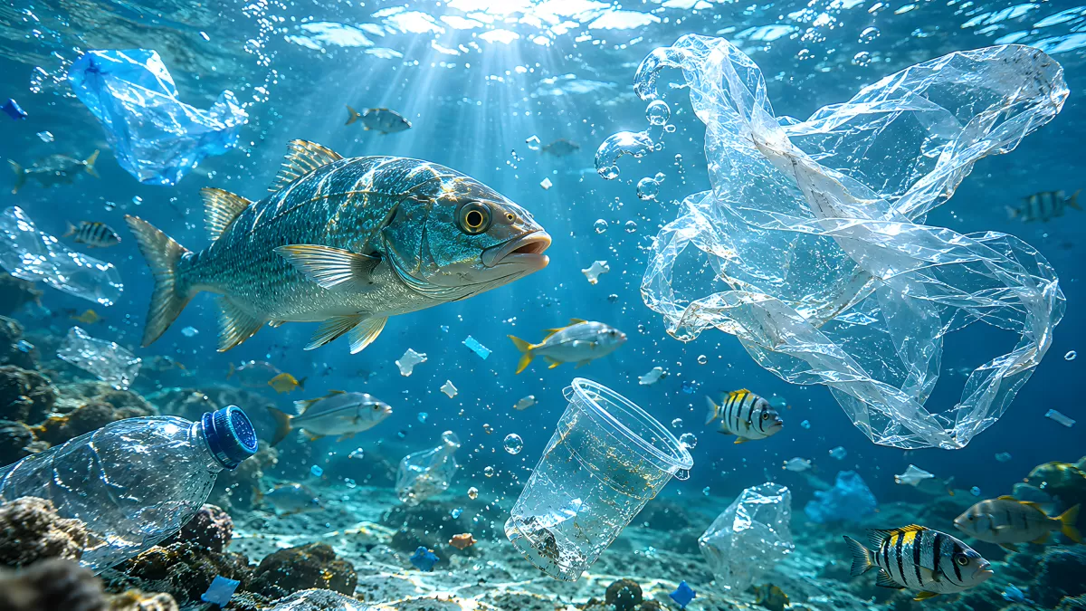 Fische zwischen Plastikmüll im verschmutzten Ozean