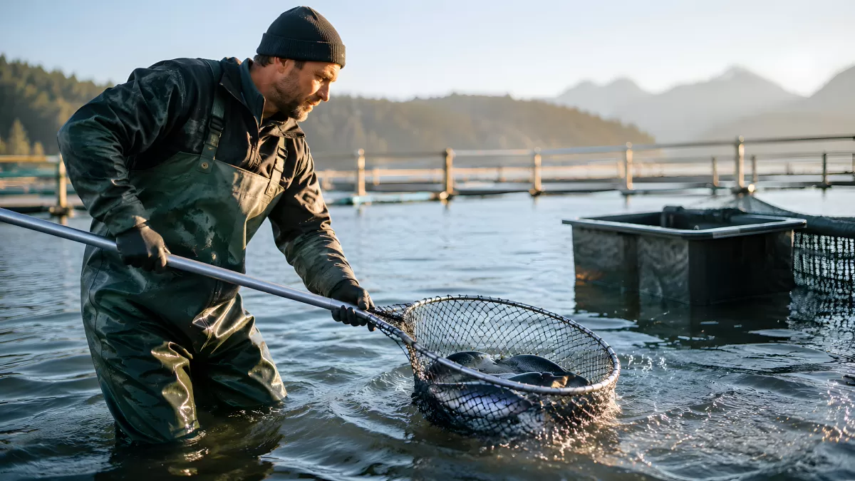 Fischer erntet Fische in einer Aquakulturanlage