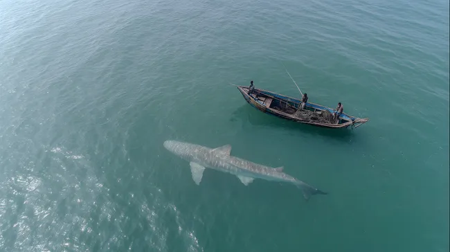 Fischer und Hai in ruhiger Meerumgebung