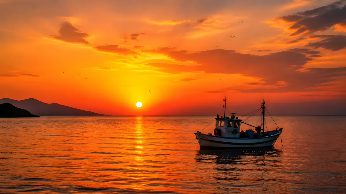 Fischerboot bei leuchtendem Sonnenuntergang auf ruhiger See