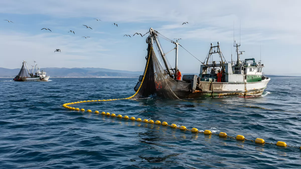 Fischerboot zieht großes Netz auf offener See ein