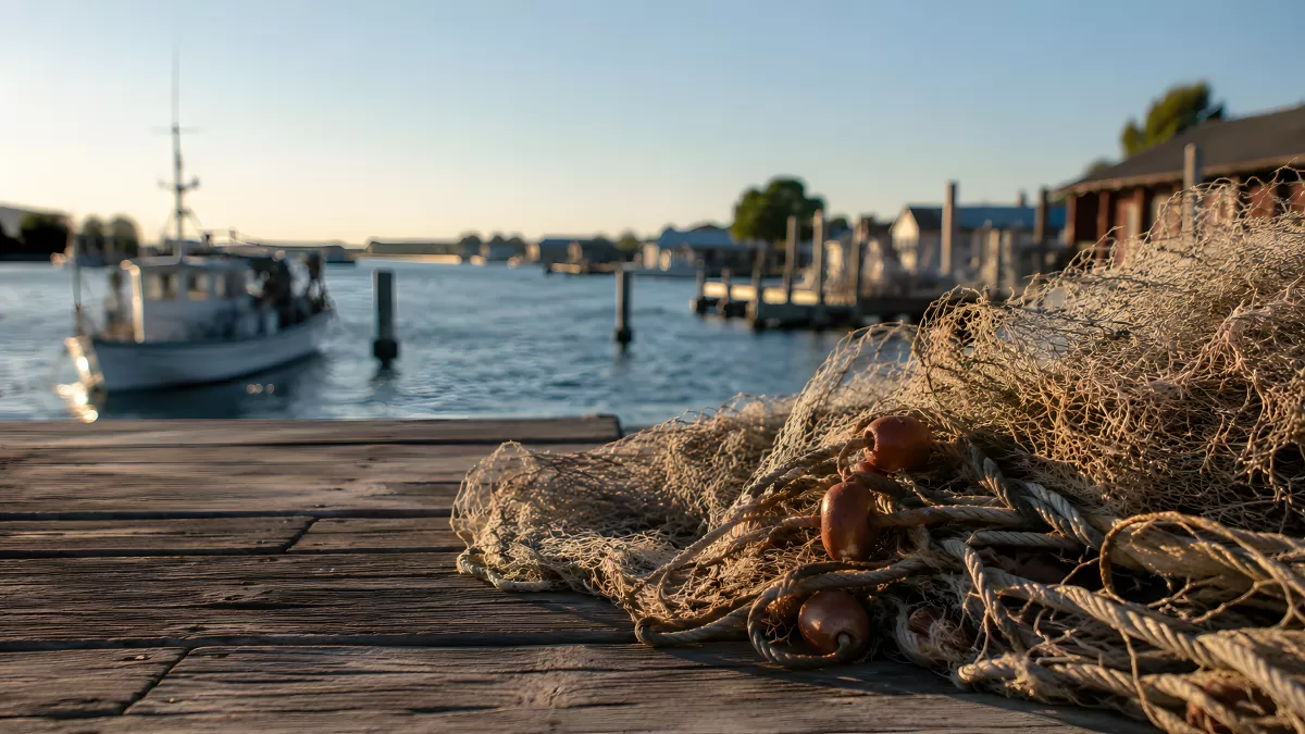Fischernetze auf einem Holzsteg im Hafen bei Sonnenuntergang