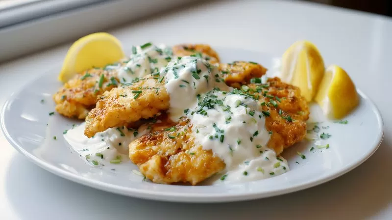 Fischfilets mit Joghurtsoße und Zitronenstücken auf weißem Teller