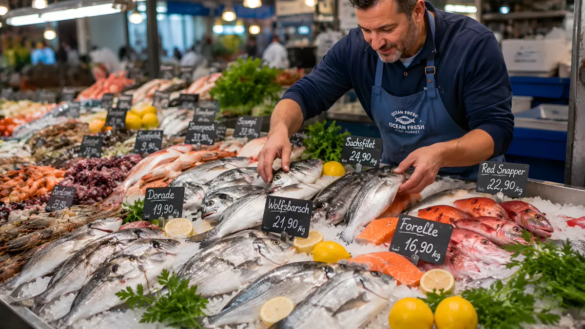 Fischhändler arrangiert frischen Fisch auf Eis am Marktstand