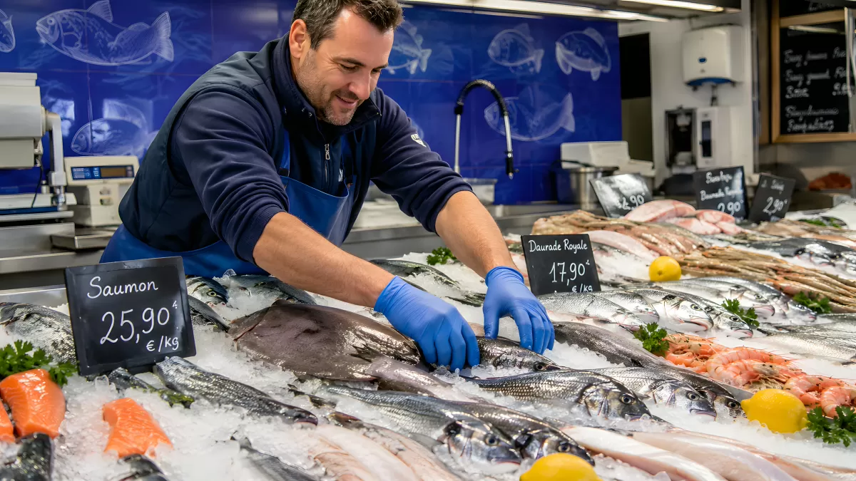 Fischhändler arrangiert frischen Fisch auf Eis
