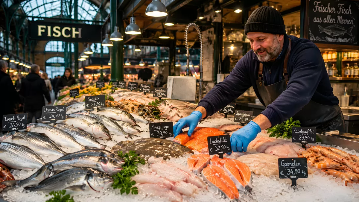 Fischhändler arrangiert frischen Lachs auf Eistheke