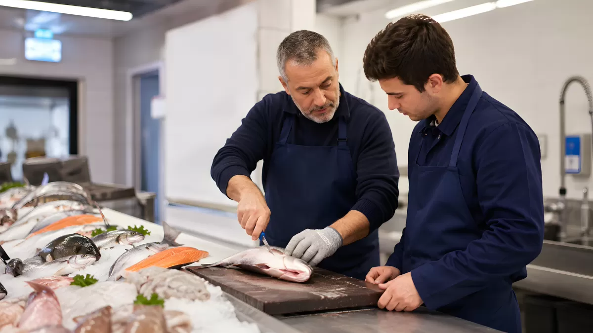 Fischhändler zeigt Lehrling das Filetieren von Lachs
