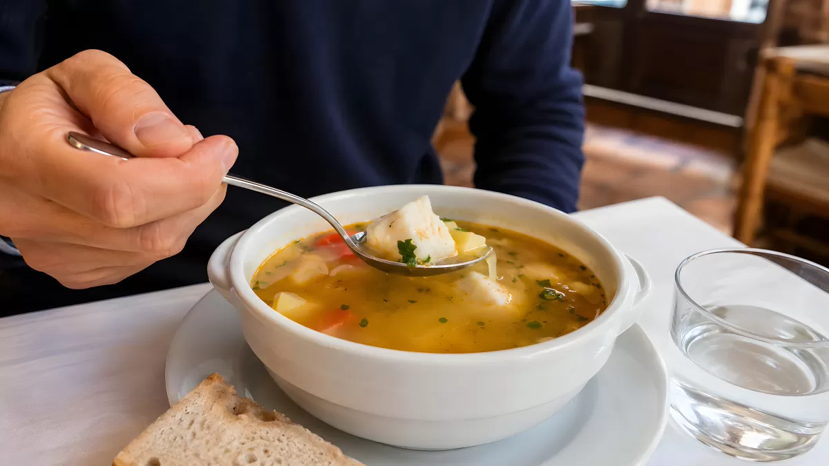 Fischsuppe mit Gemüse in weißer Schale serviert