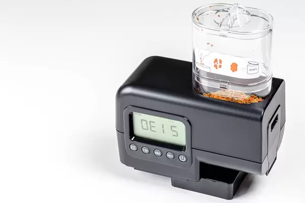 Fish feeder for aquarium with food on a white background (Flip 2019)