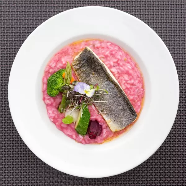 Fish with Vegetables and Rot Beete Risotto