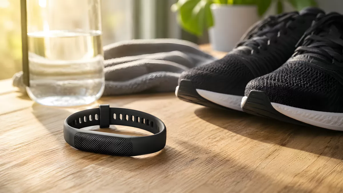 Fitness-Armband mit Laufschuhen auf Holztisch