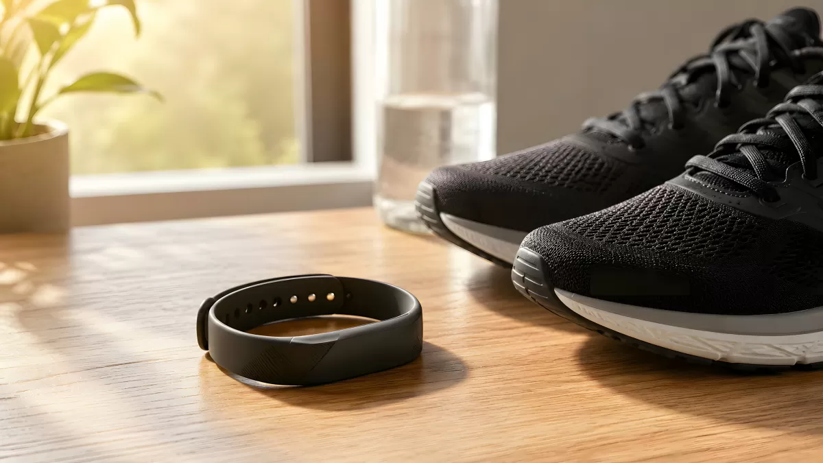 Fitness-Tracker und schwarze Laufschuhe auf Holzboden