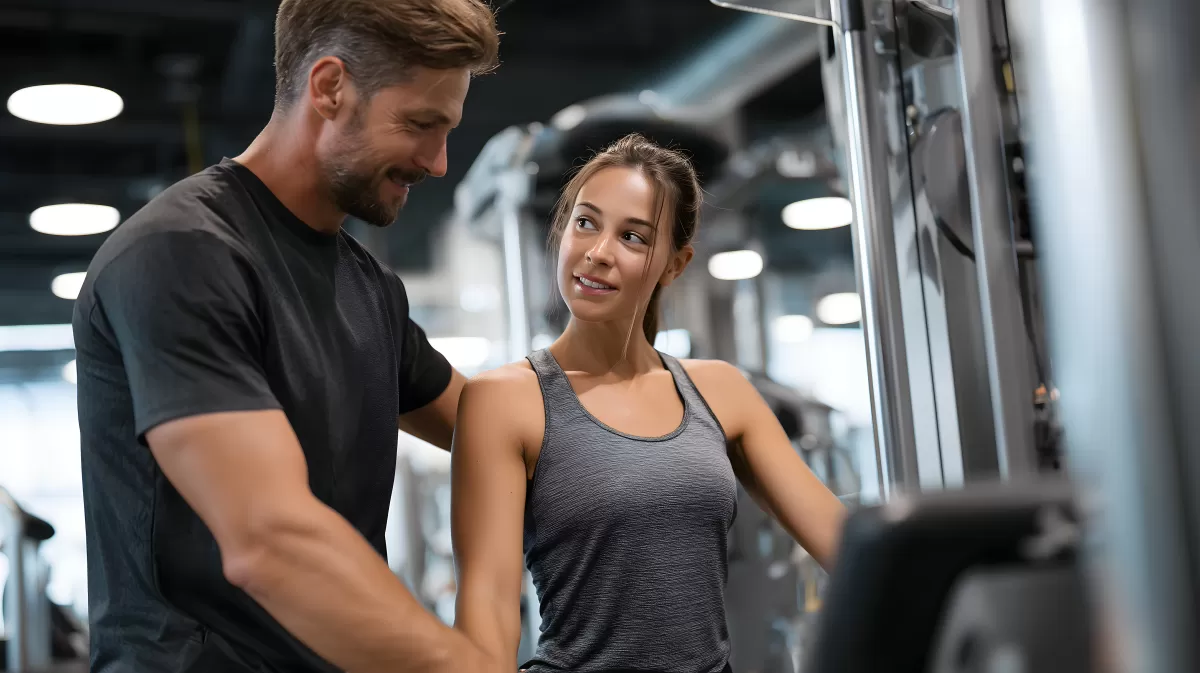 Fitnesscoach unterstützt Frau beim Training im Fitnessstudio