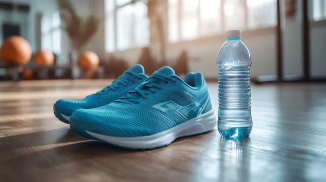 Fitnessschuhe und Wasserflasche auf Holzboden