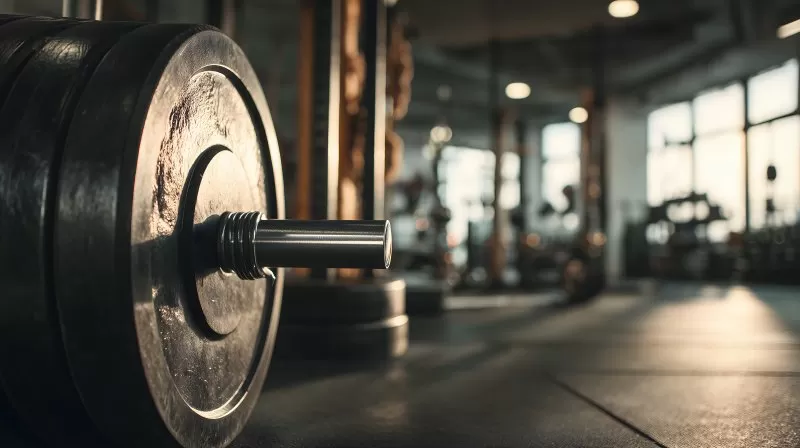 Fitnessstudio Hantel mit Gewichtsscheiben auf Boden bei Sonnenlicht