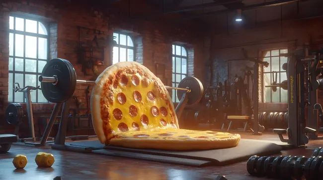 Fitnessstudio mit Pizza als Hantelbank