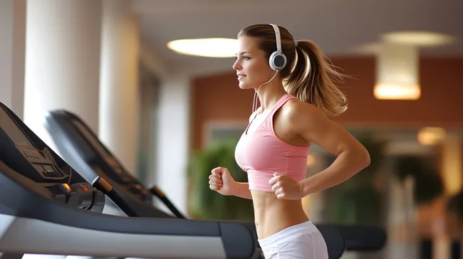 Fitnesstrainerin auf Laufband im modernen Sportstudio