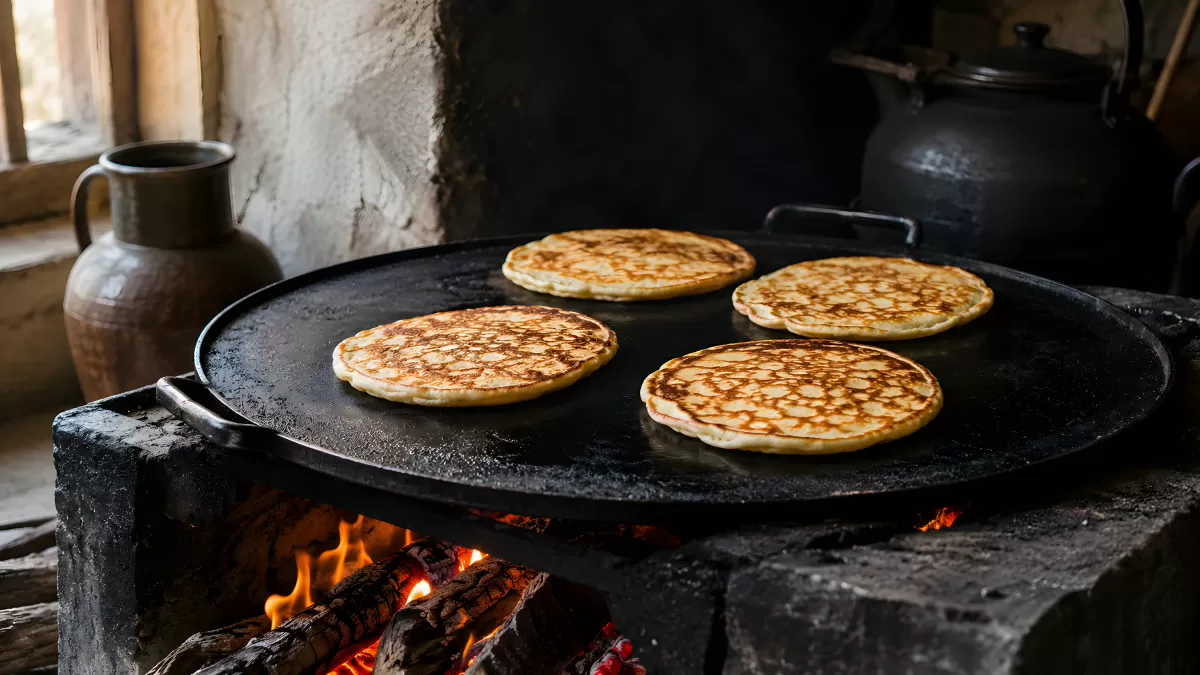 Fladenbrot auf gusseiserner Platte über offenem Feuer