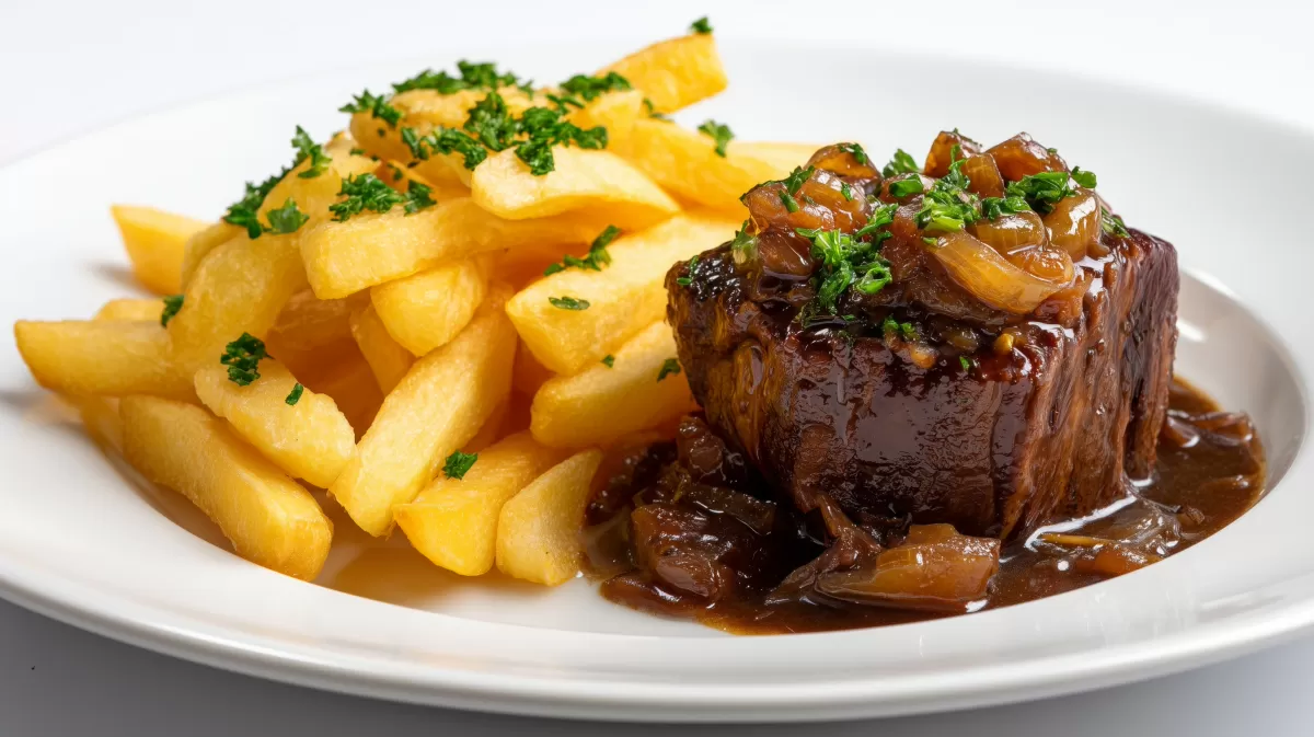Flämisches Bierfleisch mit Pommes auf weißem Teller