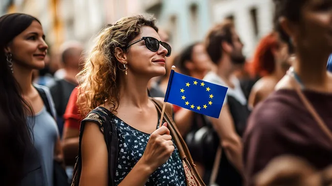 Flaggentragende Frau in Menschenmenge - Europa-Konzept