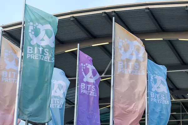 Flags of the Bits & Pretzels startup event outside the ICM - International Congress Center in Munich, Germany
