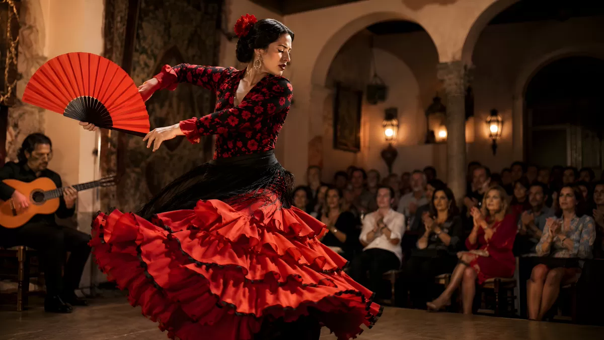 Flamencotänzerin im roten Kleid mit Fächer auf der Bühne